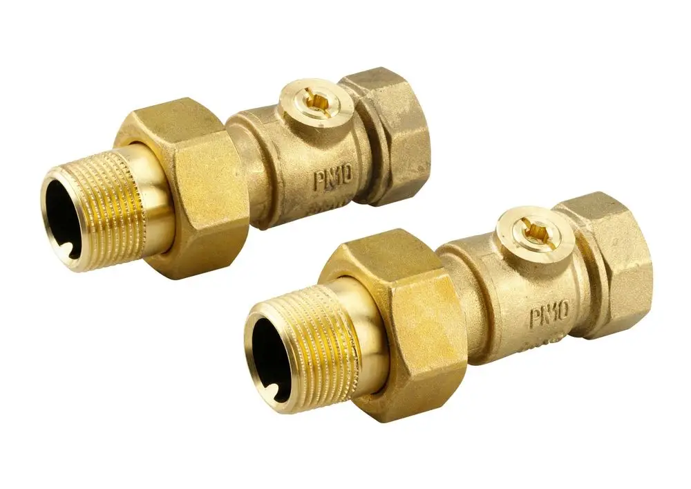 Zwei Messingverschraubungen mit Kugelhahn, standardisierte Form, für Rohre, geeignet für Danfoss-Anwendungen.